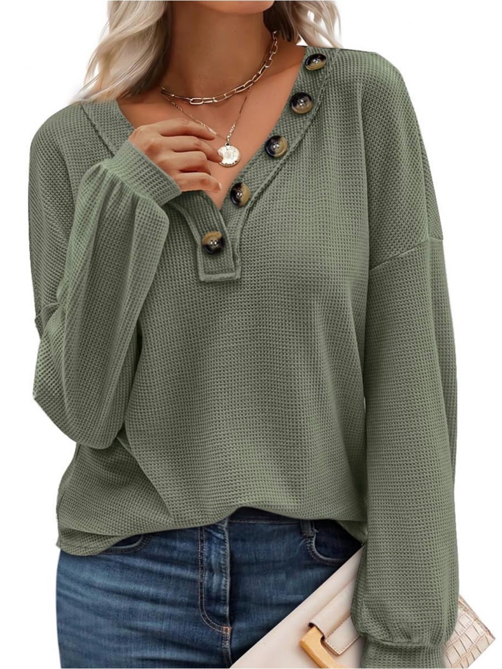 Olive Green Waffle Knit Button-Accent Women's Top